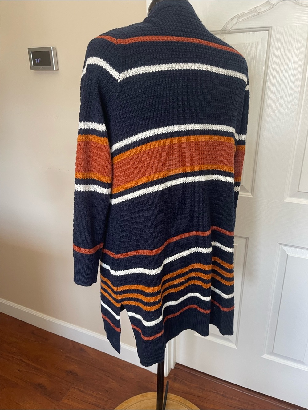 Macy's Navy Open-Front Striped Cardigan with Rust & Cream - Picture 12 of 14